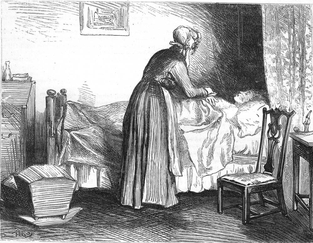 She prayed a good good prayer and I
joined in it poor me. — illustration for Dickens's 'Mrs. Lirriper's
Lodgings'